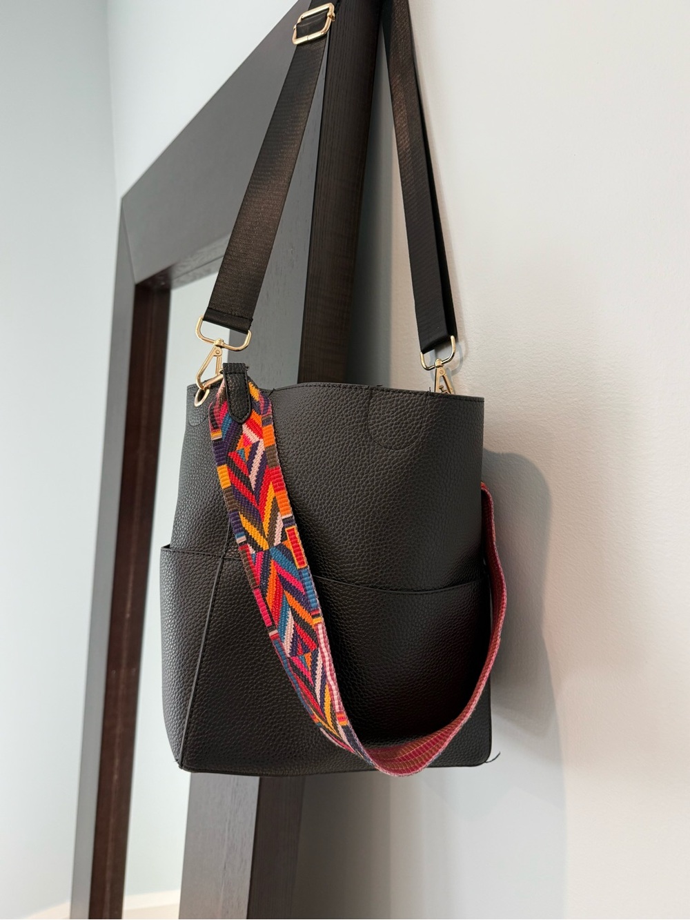 Black faux Crossbody Tote with Colorful Strap